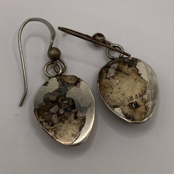 Bear Claw Turquoise Sterling Silver Shadowbox Vintage Earrings Signed RB J783 - Picture 5 of 5